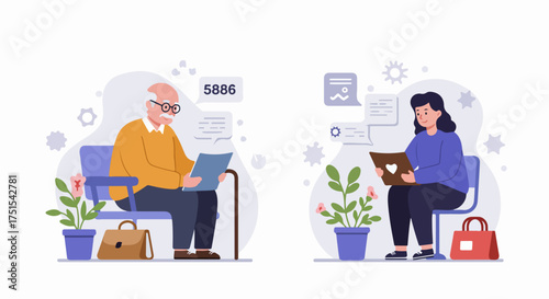 Elderly man and young woman interacting with information, potentially in a waiting room, illustrating digital and traditional service engagement.