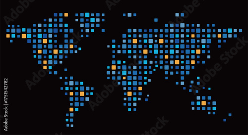 Colorful mosaic dots create a unique representation of the world map, showcasing various regions in a modern, artistic style suitable for decoration and design projects.