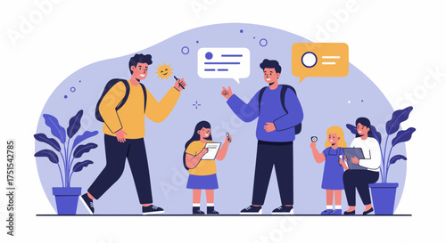 Diverse group of adults and children collaborating, learning, and communicating in a cheerful, modern flat illustration, emphasizing interactive education and teamwork.