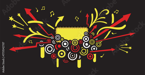 This vibrant artwork showcases a burst of color featuring music notes, circles, and dynamic shapes emanating from a central point. The design exudes energy and creativity.