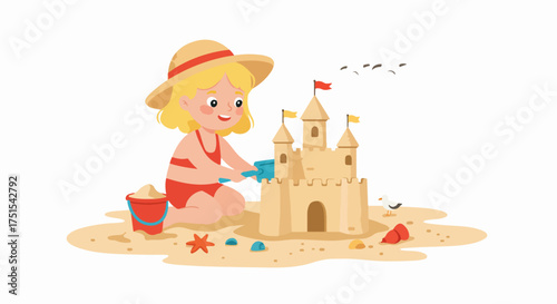 Happy little girl building a majestic sandcastle on the beach, enjoying summer vacation and creative playtime with her shovel and bucket.