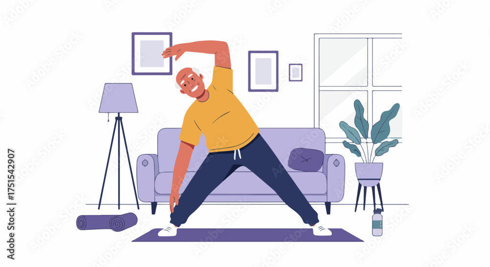 Fototapeta premium Happy senior man engaging in home exercise, performing a side bend on a yoga mat. Illustration of active aging, fitness, and healthy lifestyle for elderly well-being.