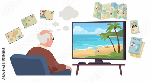 Senior man watching a tropical beach vacation on TV, surrounded by travel memories and dreaming of future adventures.