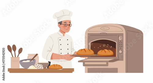 Smiling baker pulling fresh loaves of bread from a traditional bakery oven, surrounded by ingredients and baking tools, showcasing the art of professional bread making.