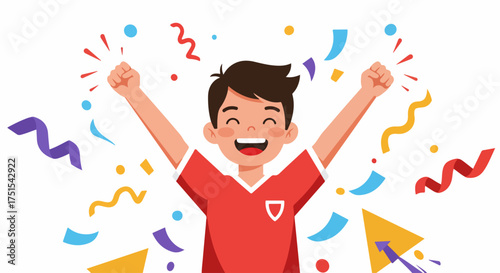 Happy boy in sports jersey celebrating victory with raised fists and a big smile, surrounded by colorful confetti, expressing pure joy and success.