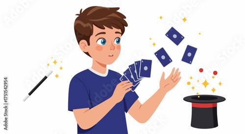 Young boy performs an enchanting card trick with a magic wand and top hat, illustrating wonder and magical entertainment.