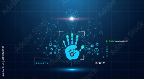Advanced hand scan interface with glowing handprint on blue background, symbolizing biometric identification and secure access control in modern technology