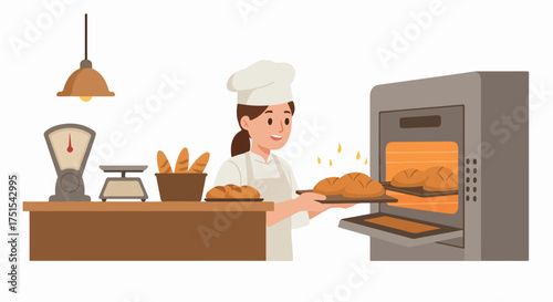 Cheerful female baker baking fresh bread loaves in a commercial oven, with scales and baguettes on the counter. A vibrant illustration of a bakery at work.