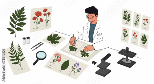A scientist meticulously studies and documents plant specimens, leaves, and flowers using botanical tools and equipment for research.