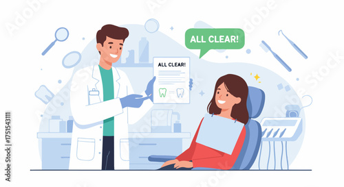 Happy patient receives 'all clear' dental report from smiling dentist after a successful check-up, emphasizing good oral health and care.