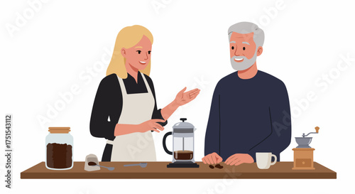 Barista explaining coffee preparation and brewing techniques to a senior man using a French press, with various coffee equipment on the counter.