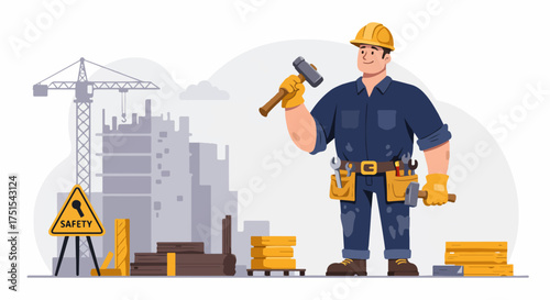 Smiling construction worker with hammer and tool belt at a building site with a crane, materials, and a safety sign.