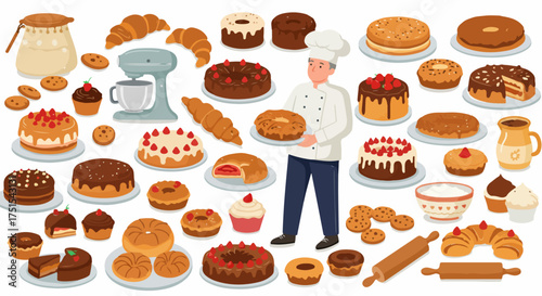 A skilled baker surrounded by an abundant assortment of delicious cakes, pastries, cookies, and sweet treats, showcasing the art and variety of a bustling bakery.