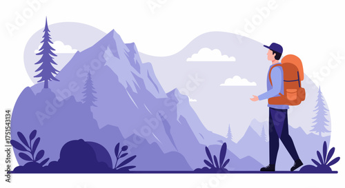 Flat vector illustration of a male hiker with a backpack exploring a serene mountainous landscape with pine trees. Represents adventure, nature, and outdoor exploration.