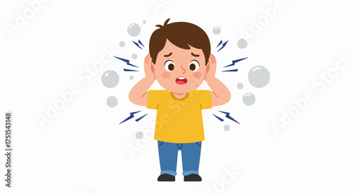 Distressed young boy covering his ears, overwhelmed by loud noise or headache, a cartoon illustration.