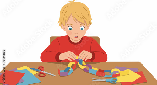 Young boy creating a colorful paper chain with scissors and craft paper on a table, engaged in a fun crafting activity.