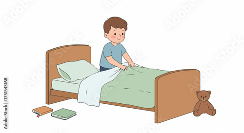 Happy young boy making his bed, demonstrating responsibility and daily routine, with books and a teddy bear nearby. Cartoon illustration for childhood and home life.