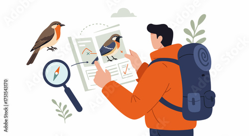 Birdwatching enthusiast identifies birds in nature using a guide, magnifying glass, and compass, ready for outdoor adventure and discovery.