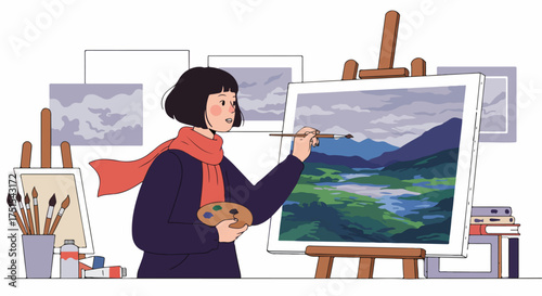 Young female artist painting a vibrant landscape on canvas with brush and palette, surrounded by art supplies in her creative studio space.