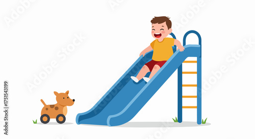 Happy boy enjoying a blue playground slide with a toy dog.