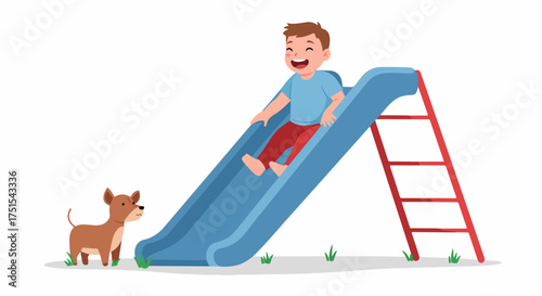 Happy boy enjoying a playground slide while his loyal dog watches, depicting joyful outdoor childhood fun and friendship.