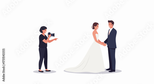 Wedding Day Memories: Professional Photographer Capturing a Happy Bride and Groom Holding Hands.