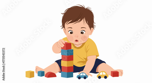 A cute toddler focused on building a tall tower with colorful wooden blocks and toy cars, representing early childhood development and playful learning.