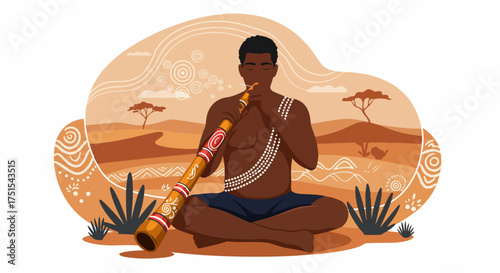 Aboriginal man playing traditional didgeridoo in a desert landscape with authentic Indigenous Australian art patterns, celebrating cultural heritage and ancient music traditions.