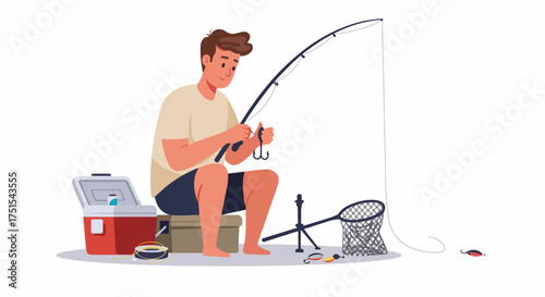 Cartoon illustration of a male angler preparing his fishing rod with bait, surrounded by essential gear like a cooler and tackle box for a relaxing outdoor hobby.