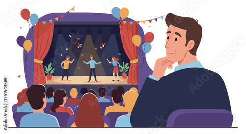 Man enjoys a vibrant stage performance with three performers and a festive audience in a colorful theater setting, surrounded by balloons and confetti.