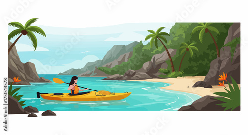 Woman kayaking in tranquil turquoise waters of a tropical paradise, surrounded by lush green islands, sandy beaches, and vibrant palm trees, embodying serene adventure and vacation.