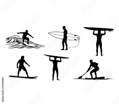 Surfing and SUP Silhouettes Vector Pack: Surfer Carrying Board and Action Poses
Water Sports Icon Collection: Stand-Up Paddleboarding and Surfboard Carrier Graphics
Black and White Surfer Outline 