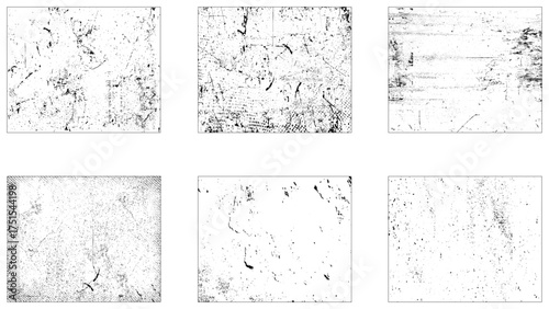 Grunge overlay textures with dust grain isolated on white background. Set of vector paint brush stroke, ink splash and grungy decoration elements for social media.