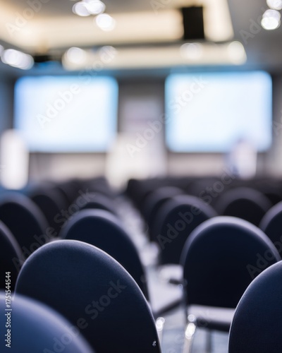 Modern Professional Seminar Room with Empty Chairs and Presentation Screens Premium Corporate Event Setting for Digital Transformation and Business Marketing