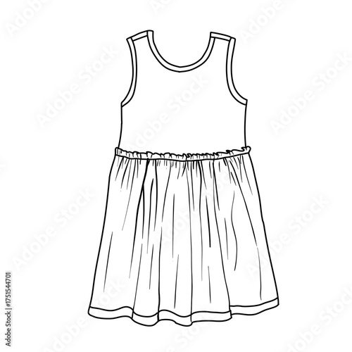 A clean black and white sketch of a sleeveless dress. The bodice is fitted, and the skirt is gathered at the waist, creating soft pleats.