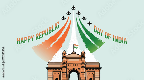 Celebrate Happy Republic Day of India with this vibrant tribute, featuring aircraft trails and a national monument for patriotic designs