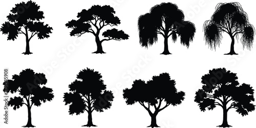 Tree silhouette collection vector, black forest trees illustration, nature landscape design, botanical shapes for eco project, environment and art design
