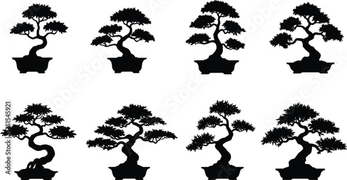 Bonsai tree silhouette collection, Japanese miniature trees vector, zen nature art, black potted plant design for home decor and illustration