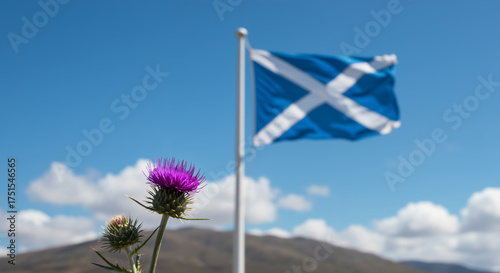 A purple thistle in focus with the Scottish flag waving in the background. National symbols of Scotland in a highland landscape. St. Andrew's Day concept