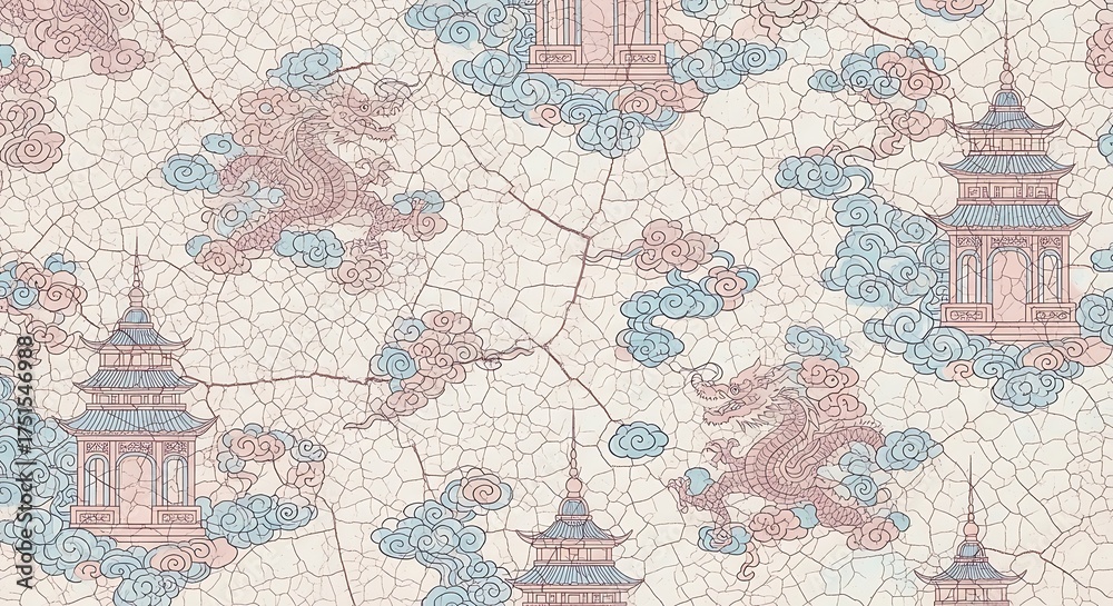 Obraz premium Elegant Asian-Inspired Pattern with Pagodas and Floral Accents.