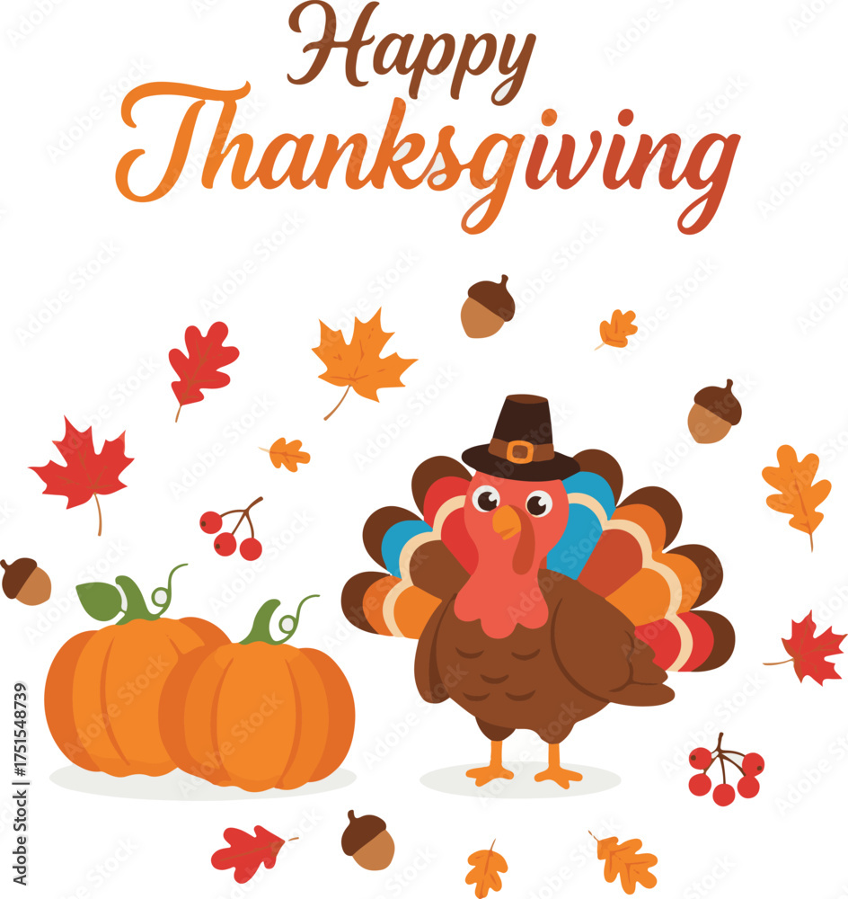 Fototapeta premium Cute Thanksgiving Turkey with Pumpkins and Autumn Leaves Illustration