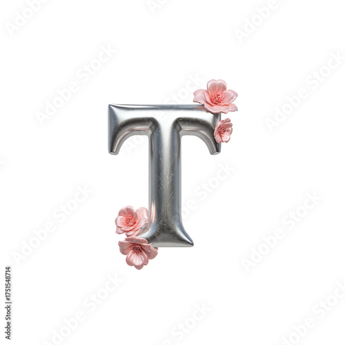 Elegant 3D metallic letter T adorned with delicate pink cherry blossoms. A sophisticated floral alphabet element ideal for luxury branding, bespoke designs, or spring-themed typography