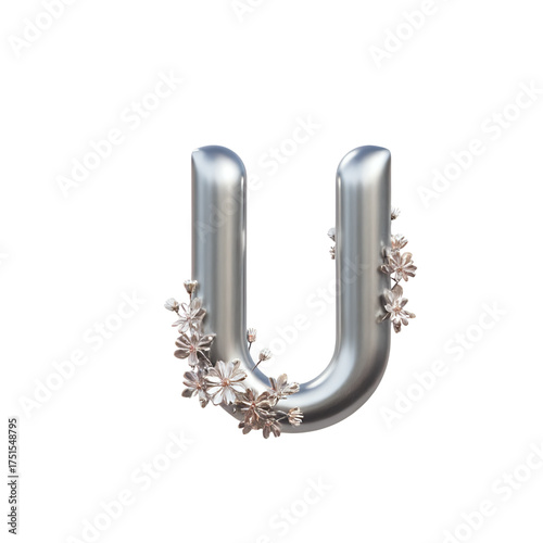 Luxurious 3D silver metallic letter U with elegant delicate floral accents, perfect for sophisticated typography, festive design, and celebratory greetings