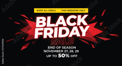 modern black friday sale banner with bold typography and red geometric shapes