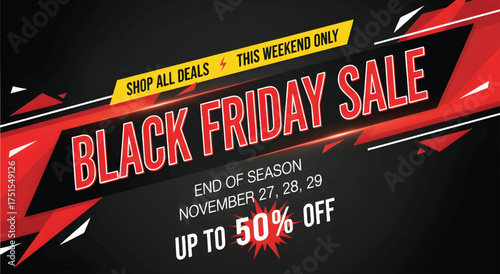 modern black friday sale banner with bold typography and red geometric shapes on a black background