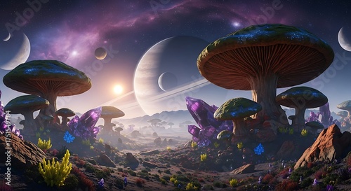 Alien Landscape with Giant Mushrooms and Celestial Bodies.