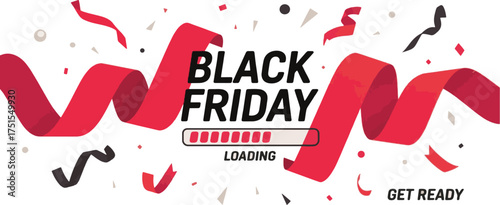 black friday loading banner with red ribbon and confetti