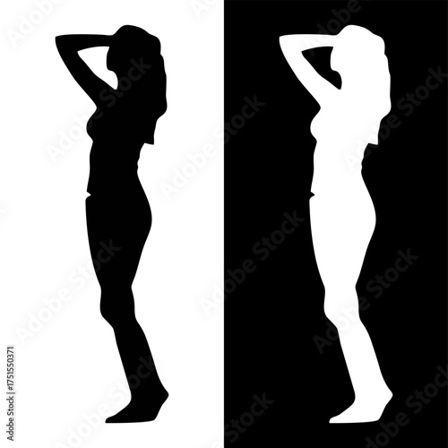 Black silhouette vector concept of a woman in a swimsuit from various perspectives isolated on a white background. A metaphor for beauty, seduction, fitness, health, and lifestyle.