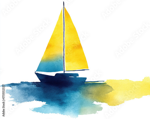 Simple sailboat clipart, yellow and blue watercolor on a white background