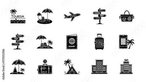 Comprehensive Collection of Tourism and Travel Icons for Vacation Planning and Leisure Activities